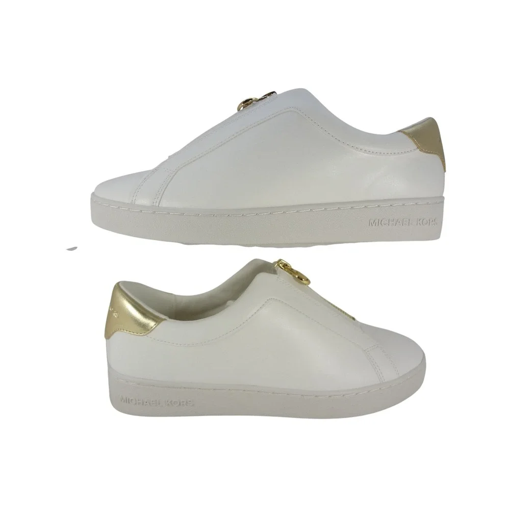Michael Kors Sneaker Womens 9 White Excellent Front Zip Gold Logo FT25F Slip On
